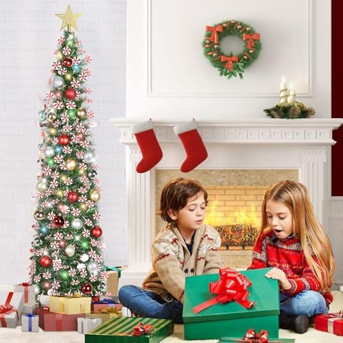 HMASYO 5 FT Pop Up Christmas Tree with Timer Lights and Decorations, Green Tinsel Christmas Tree with Candy and 24 Balls Ornament, Collapsible Pencil Tree Xmas Decoration for Home, Office, Party