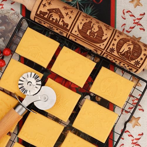 17" Premium Wooden Rolling Pins for Baking with Nativity Embossed Designs | 3mm Deep Springerle Cookie Molds | Christmas Rolling Pin & Baking Gifts for Women | Includes 3-in-1 Cleaning Brush 