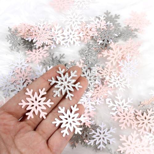 200PC White Pink Silver Snowflake Confetti for Winter Wonderland Decorations Small Snowflakes Table Scatter for Winter Onederland Christmas Birthday Baby Shower Party Table Decor Supplies