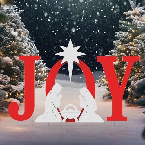 FUNNGO Joy Christmas Nativity Decorations Outdoor - 42 inch Red Nativity Scene Yard Sign Set Built with Weather Resistant & Durable PVC Silhouettes for Yard, Patio, Lawn