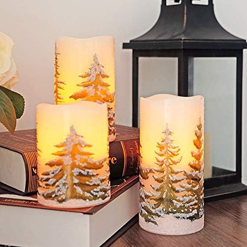 Wondise Flickering Flameless Pillar Candles with Timer, Battery Operated Real Wax Warm Light Christmas Tree Pine Tree Decal Candle for Home Decoration Christmas Gifts, Set of 3(D3 x H4/5/6 Inch)