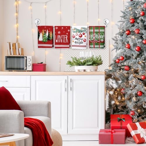 Oudain 6 Pcs Christmas Kitchen Towels Red Green Xmas Tree Tea Dishtowels Decorative Plaid Bathroom Hand Towel Farmhouse Red Green Christmas Decorations for Kitchen Bath Housewarming Home Gifts