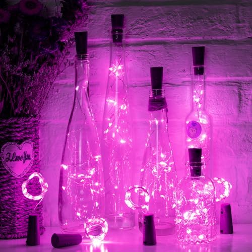Brightown Valentine's Day Wine Bottle Lights with Cork - 10 Pack 7ft 20 LED Battery Operated Cork Lights, Waterproof Silver Wire Mini Fairy Lights for Liquor Bottles DIY Romantic Wedding Décor, Pink