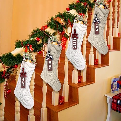 XIMISHOP 6pack Christmas Stockings, 18inch Large Personalized Cable Knitted Xmas Hanging Stocking Decorations with Name Tags for Holiday Christmas Party Family Decor (Khaki and White)