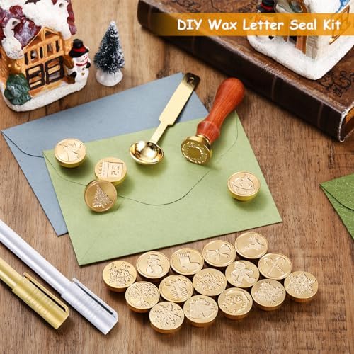 Xuniea 12 Pieces Christmas Halloween Wax Seal Stamp Set Seal Wax Stamps with Wooden Handle, Melting Spoon, Metallic Pen for Vintage Stamp Decoration (Classic Style)