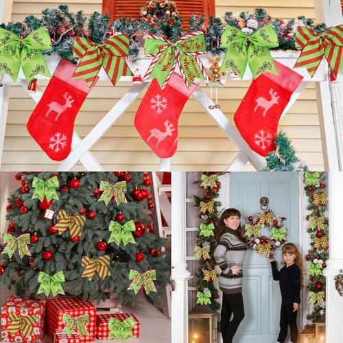 12 Pcs Red Green Christmas Bows,6 Inch Large Wreaths Bows for Tree Gift Wrapping Garland,Christmas Decoration Holiday Party Crafts Xmas Tree Ribbon Ornaments (Pattern)