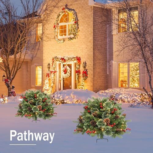 Christmas Planter Filler Tree Outdoor Prelit 2 Pack, 24" Urn Fillers for Porch Planters Pathway Battery Operated Light Red Berry Pine Cone, Xmas Greenery Outside Decorations