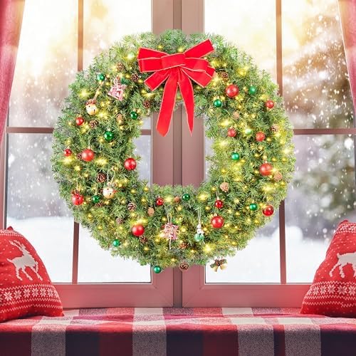 Yaheetech 48in Large Artificial Christmas Wreath, Pre-lit Holiday Accent Decoration with Red Bow, 200 LED Lights & 720 PVC Tips, Metal Structure for Door Wall & Mantel