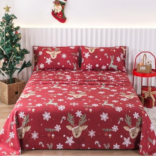 KACEMOO Queen Size Christmas Sheet Set, 4Pcs Red Deer Sheet Set, Deep Pocket Winter Warm Bed Sheet Set, Soft Brushed Microfiber Pattern Holiday Bedding Sheets
