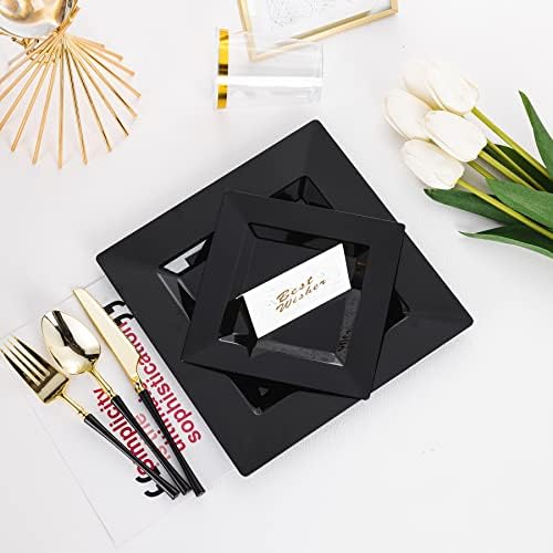 100 Pack Black Plastic Square Dessert Plates, 6.5" Disposable Salad Plates Heavy Duty Plates for Party, Wedding, Christmas, Easter