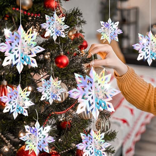 18pcs Hanging Snowflakes Decorations, 3D Iridescent Large Snowflakes Ornaments Hanging Snow Flakes from Ceiling for Christmas Winter Wonderland Indoor Home New Year Frozen Birthday Party Decorations