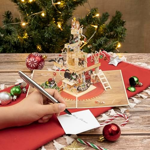 Xmas Cat Tree Pop Up Card, Merry Christmas, Presents, Balls, Funny 3D Greeting Card, Ideal Gift for Xmas Season, Table Decorations, Cat Lover, 5x7 - Includes Envelope And Message Note