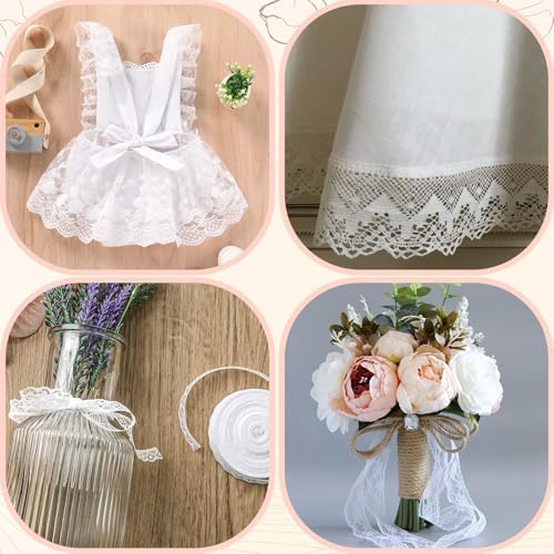 1.3CM x 10 Yards White Stretch Lace Trim,Elastic Floral Crochet Cotton Lace Ribbon for DIY Sewing, Bridal Wedding Dress Decoration, Crafts, Christmas Gift Wrapping