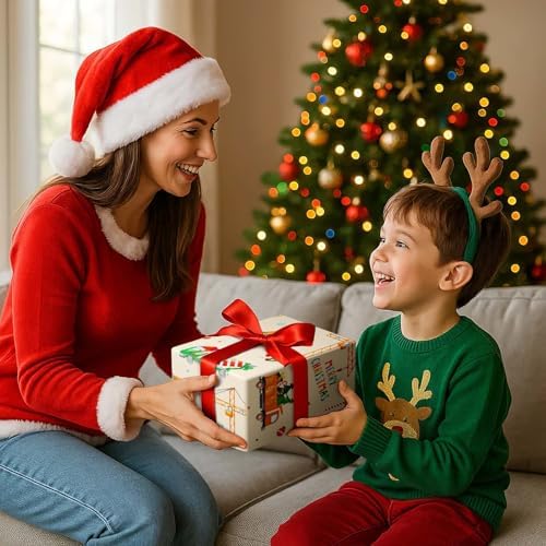 WERNNSAI Construction Christmas Wrapping Paper Roll - 1 Roll 17”x 33 ft Merry Christmas Wrapping Paper Truck Car Gift Wrap for Kids Boys Holiday Decoration with Santa Hats & Tree Design