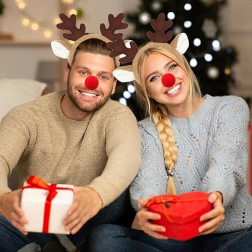 2 PCS Reindeer Antlers Headband with Red Nose,Deer Antlers Headband,Fluffy Animal Deer Ears Hairband,Party Cosplay Costume Washing for Christmas Halloween