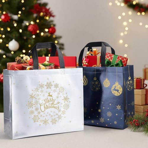 YANGTE 16 Pack 13" Large Christmas Gift Bags With Tissue Paper, Reusable 4 Unique Designs Christmas Bags with Handle for Gifts Wrapping Shopping Xmas Party Supplies(13" x 11" x 5")
