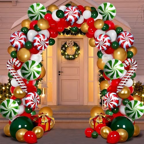 126 PCS Red Green White Christmas Balloon Garland Arch Kit, Gingerbread Holiday Balloon Arch Kit Xmas Christmas Decorations Balloons Christmas Party Garland Balloons Candy Cane Balloon Arch Kit