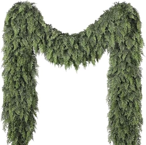 16FT Cedar Garland for Fireplace - Artificial Christmas Garland Thick and Lush Realistic Faux Cedar Fake Pine Needles Garland for Table,Window,Stairs,Mante,Indoor Outdoor Decor (1PCS)