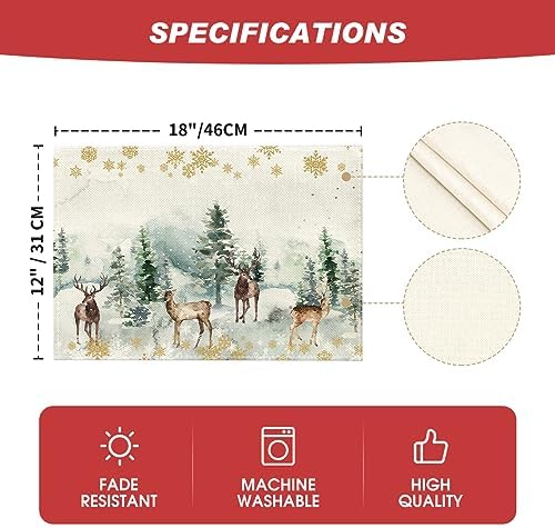 Artoid Mode Watercolor Deer Trees Snowflakes Christmas Placemats for Dining Table, 12 x 18 Inch Seasonal Winter Xmas Holiday Rustic Vintage Thanksgiving Washable Table Mats Set of 4