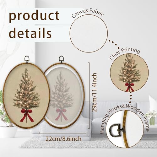 XPH Vintage Christmas Tree Oval Wall Art Framed, Rustic Coquette Red Bow Tree Oval Wall Decor, Farmhouse Cozy Christmas Hanging Canvas Prints for Home Bedroom Living Room Decoration, 8.6x11.4 Inch