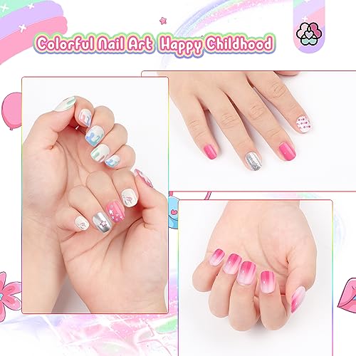 SAVILAND 168Pcs 7 Pack Press on Nails for Kids Children Fake Nails Stick on Nails Pre-glue Full Cover Glitter Gradient Color Star Short Acrylic Nail Tips Nail Art Christmas Easter Gifts for 8-12 Year