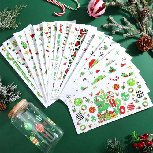 18 Sheets Christmas UV DTF Cup Wraps Transfer Sticker for Glass Lime Green Christmas Rub on Transfers Tumbler Sticker Santa Xmas Tree Waterproof Decals for DIY Craft Gift Festival Decoration