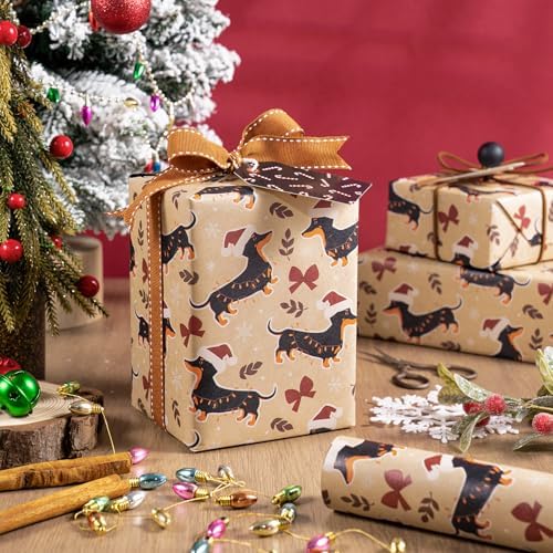 WRAPAHOLIC Kraft Dog Christmas Wrapping Paper - Mini Roll - 17 Inch x 16.5 Feet - Dachshund Dog and Red Bow Wrapping Paper for Christmas, Holiday, Party Celebration