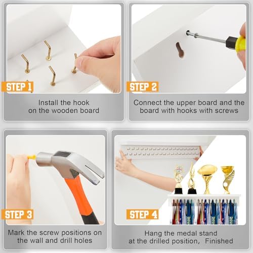 Wooden Medal Hanger Display Trophy Holder Shelf with 25/37/49/65 Hooks Wall Mount Ribbon Holder Christmas Gift for Gymnastics Running Soccer Awards