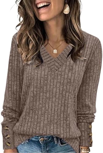 WIHOLL V Neck Long Sleeve Shirts for Women with Bottons Casual Fall Outfits Lightweight Tunic Sweaters Fashion Clothes 2025