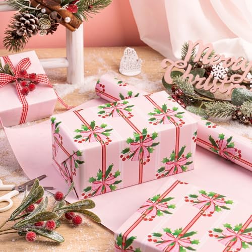 WRAPAHOLIC Reversible Christmas Wrapping Paper - Mini Roll - 17 Inch x 33 Feet - Holly and Red Bow Wrapping Paper with Solid Pink Design for Xmas Holiday, Party Celebration
