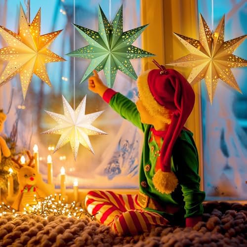 12 Pcs Christmas Paper Star Lantern 7/8/9 Points Sage Green Hanging Ornament 3D Neutral Star Lantern with String Light 12 and 17.72 Inch Hollow Lampshade for Xmas Party Decor(9 Pointed)