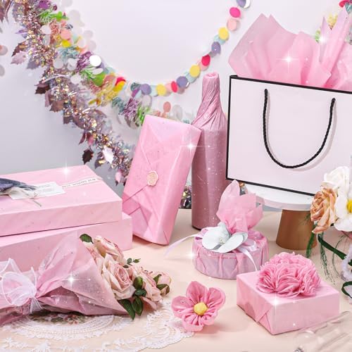 woric 135 Sheets Glitter Pink Tissue Paper 20 x 14 Inch Light Pink Tissue Paper for Gift Bags Wedding Girls Party Baby Shower Birthday Christmas Decor Art DIY Project