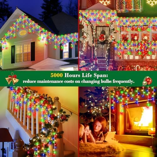 XURISEN 66ft Christmas Lights Decorations Outdoor, 640 LED 8 Modes Curtain Fairy Lights with 120 Drops,Plug in Waterproof Timer Memory Function for Christmas Holiday Wedding Party Decor(Multicolor)