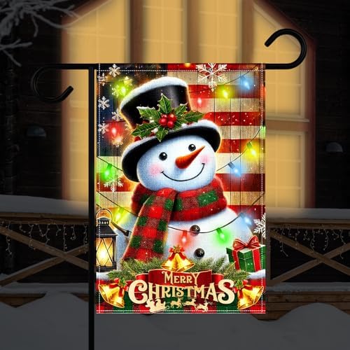 12 x 18 Inches Lighted Snowman Garden Flag Decorations - Double-Sided Vertical Christmas Holiday Yard Flag Sign with LED Lights, Indoor Outdoor House Patio Décor Party Supplies