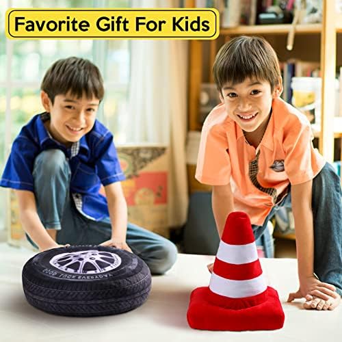 2 Pcs Race Car Room Decor Racing Plush Throw Pillow Set Gift Operation Christmas 15.7 Inch Soft 3D Simulation Wheel Pillow Funny Tire Cone Traffic Light and Stop for Bedroom Decorations(Traffic Cone)