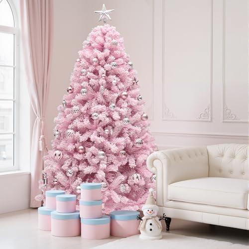 YITAHOME 6 FT Prelit Pink Flocked Christmas Tree, Pre-Lit Pink Spruce Artificial Christmas Tree with 928 PVC Flocked Tips and 250 Warm-White Lights for Home, Office Decoration