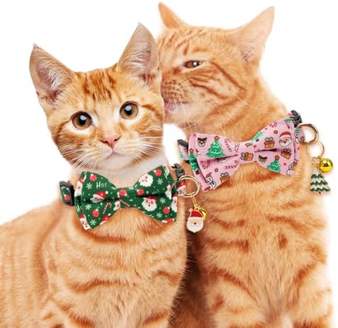 2 Pack Christmas Cat Collar with Removable Bow Tie and Bell for Boy Girl Cats,Cute Kitten Collar with Christmas Tree and Santa Claus Patterns for Female Male Cats (Christmas Tree&Santa Claus)