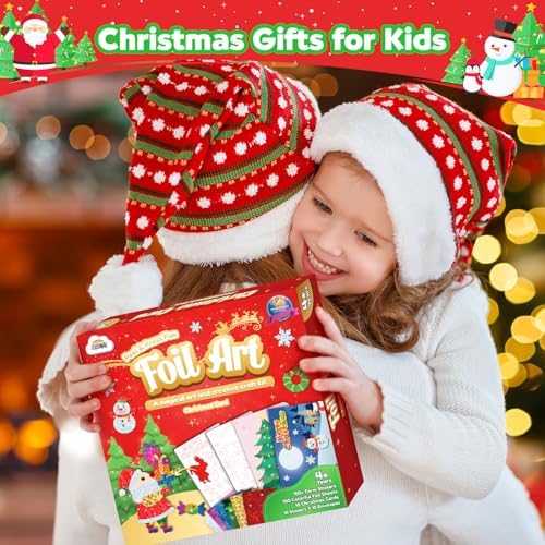 ZMLM Foil Art Kit for Kids - Christmas Crafts Games for Kids, Fun Christmas Cards Foil Art Crafts, Mess Free Activity Kits, with Envelopes and Stickers, 4 5 6 7 8 9 10 11 12 Girls Boys Toys Gifts