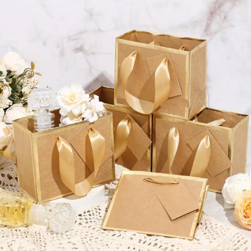 Yeaqee 50 Pcs Mini Metallic Foil Gift Bags with Handles 4x4.75x2.25'' Tiny Thank You Favor Bag with Tag for Fall Thanksgiving Halloween Christmas Wedding Baby Shower Birthday Party(Kraft, Gold)
