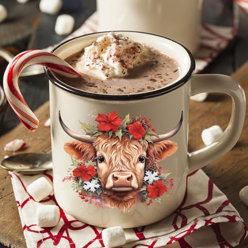 Whaline 12 Sheet Christmas Highland Cow Rub on Transfers Xmas Tree Gifts Cow Transfer Stickers Rustic Furniture Decals for Home Office Paper Wood DIY Crafts, 5.9 x 5.9 Inch