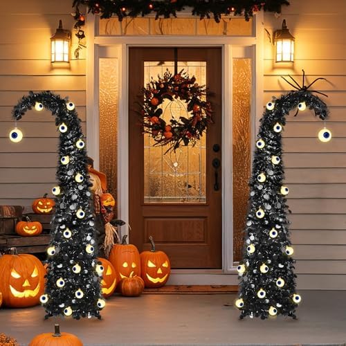 MACTING Whimsical Halloween Tree with Eyeball String Lights 5FT Black Pop Up Christmas Tree with 30 Eyeball Lights Collapsible Tinsel Pencil Curved Tree for Apartment Porch Indoor Outdoor Xmas Decor