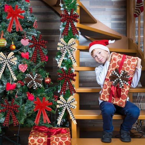 Whaline 10 Rolls 50 Yard Christmas Plaid Burlap Ribbon Rolls 1 Inch Gift Wrapping Ribbon Winter Xmas Decorative Ribbon for DIY Crafts Wreath Bow Making Supplies