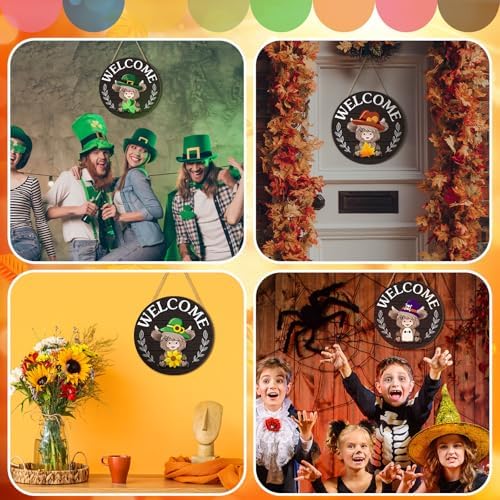 35 Pcs Christmas Interchangeable Highland Cow Welcome Sign Highland Cow Seasonal Wooden Hanging Door Decor Thanksgiving Farmhouse Hanging Sign for Front Door Xmas Party Decoration Gift