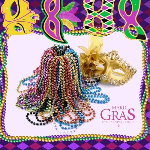 120 PCS Mardi Gras Beads, Party Beads Necklaces for Mardi Gras, Christmas, St. Patrick's Day, Metallic Colorful Necklaces Accessories in 12 Colors