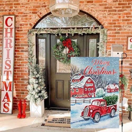Doncida Merry Christmas Garden Flag 12x18 Double Sided Burlap Red Truck Christmas Tree Rustic Quote House Winter Xmas Yard Flag for Outside Decoration