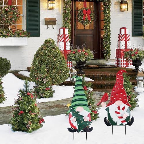 YEAHOME Outdoor Christmas Decorations, 2 Pack Gnomes Decorative Garden Stakes for Christmas Decor, Metal Yard Signs Xmas Decorations for Outside Garden Yard Lawn Porch Holiday Party