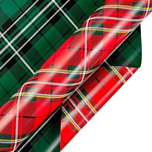 LeZakaa Christmas Wrapping Paper Jumbo Roll, Green & Red Plaid Classic Retro Reversible Design for Thanksgiving, New Year, Valentines, Wedding, Anniversary, Family Gathering, 24 inches x 100 Feet