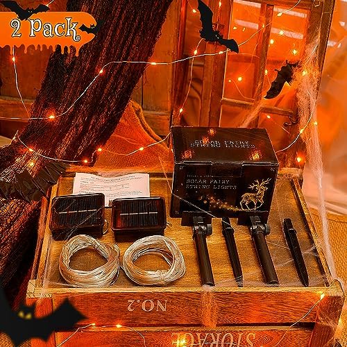 Woohaha Solar Halloween Lights Outdoor,2 Pack Each 33Ft 100LED Orange Halloween Lights,Copper Wire Solar Powered Fairy String Lights 8 Modes for Garden,Tree,Thanksgiving,Christmas,Parties,Home Decor