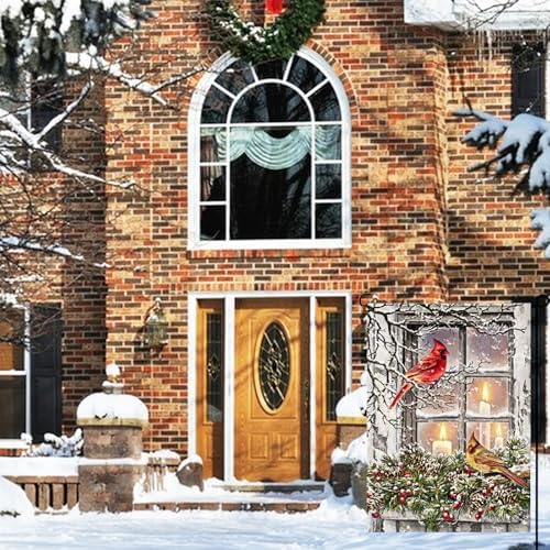 Winter Candle Cardinal Garden Flags 12×18 Inch Double Sided Xmas Cardinal Garden Flags Rustic Farmhouse Yard Red Birds Flags with Pine Twigs Window Candle Berry Outdoor Decor Christmas Garden Flag