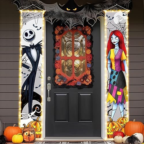 Jack Sally Lighted Banners Porch Signs Halloween Decor Christmas Nightmare Hanging Banner Halloween Decorations Outdoor Horror Poster for Indoor Before Party Wall Art Wallpaper Lights